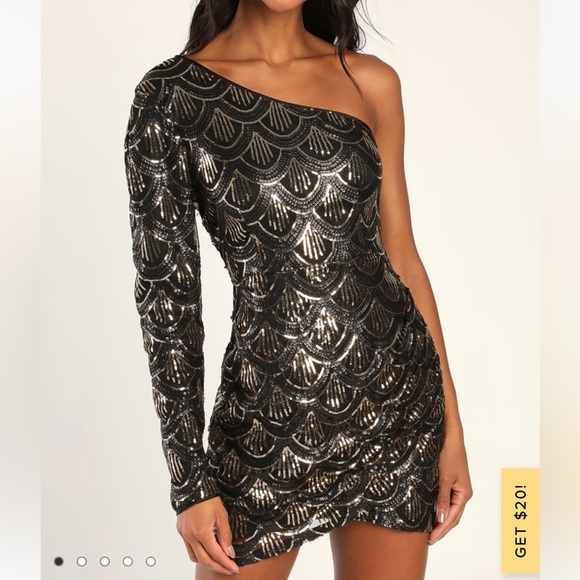 Lulus Large Inspired Allure Black Sequin One-Shoulder Bodycon Mini Dress - Picture 2 of 5